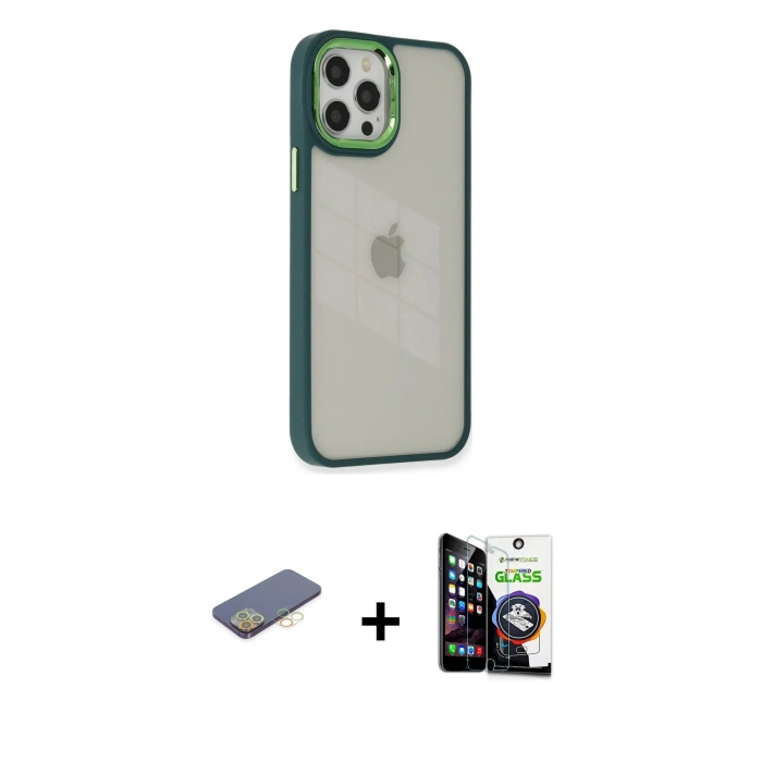 MARSİLYAN™- iPhone 12 Pro Max Kılıf Eksen Doku Prime - Şeffaf Temperli Cam Ekran Koruyucu + Renkli Kamera Lens Koruma Cam - SI