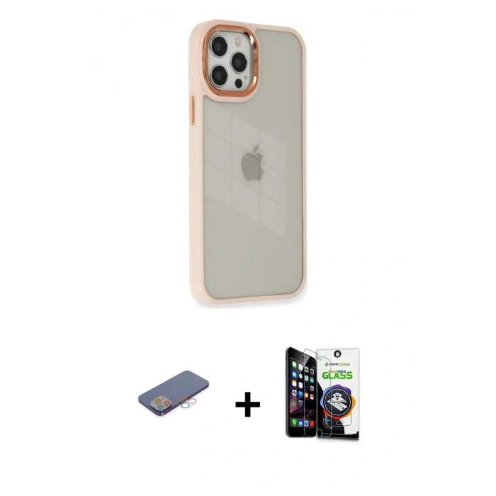 MARSİLYAN™- iPhone 12 Pro Max Kılıf Eksen Doku Prime - Şeffaf Temperli Cam Ekran Koruyucu + Renkli Kamera Lens Koruma Cam - PE