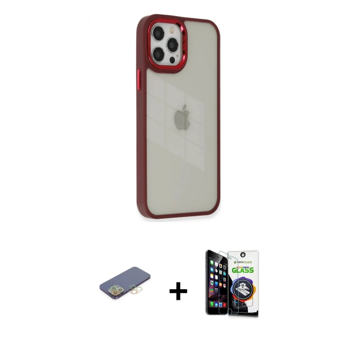 MARSİLYAN™- iPhone 12 Pro Max Kılıf Eksen Doku Prime - Şeffaf Temperli Cam Ekran Koruyucu + Renkli Kamera Lens Koruma Cam - SI