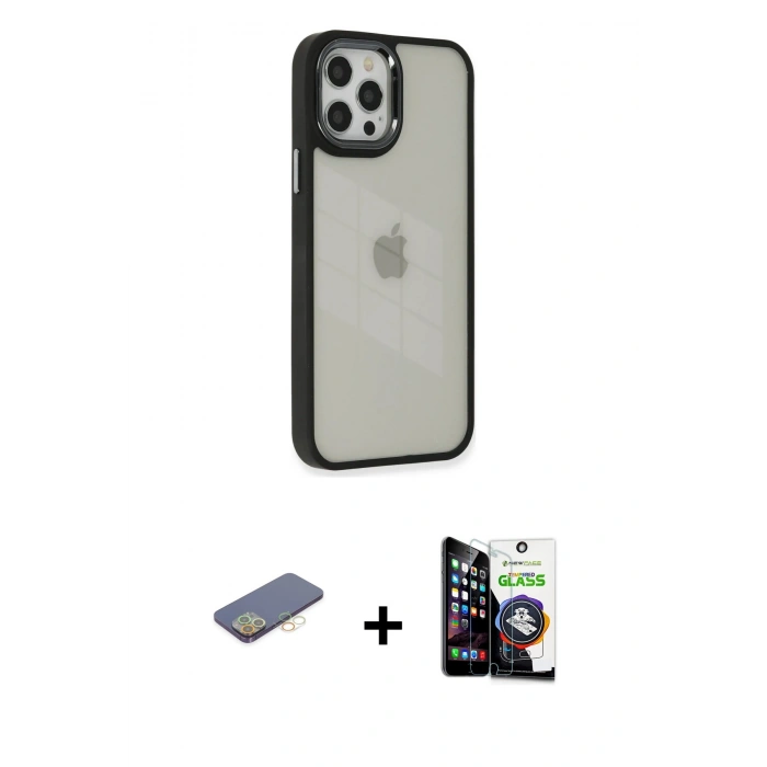 MARSİLYAN™- iPhone 12 Pro Max Kılıf Eksen Doku Prime - Şeffaf Temperli Cam Ekran Koruyucu + Renkli Kamera Lens Koruma Cam - SI