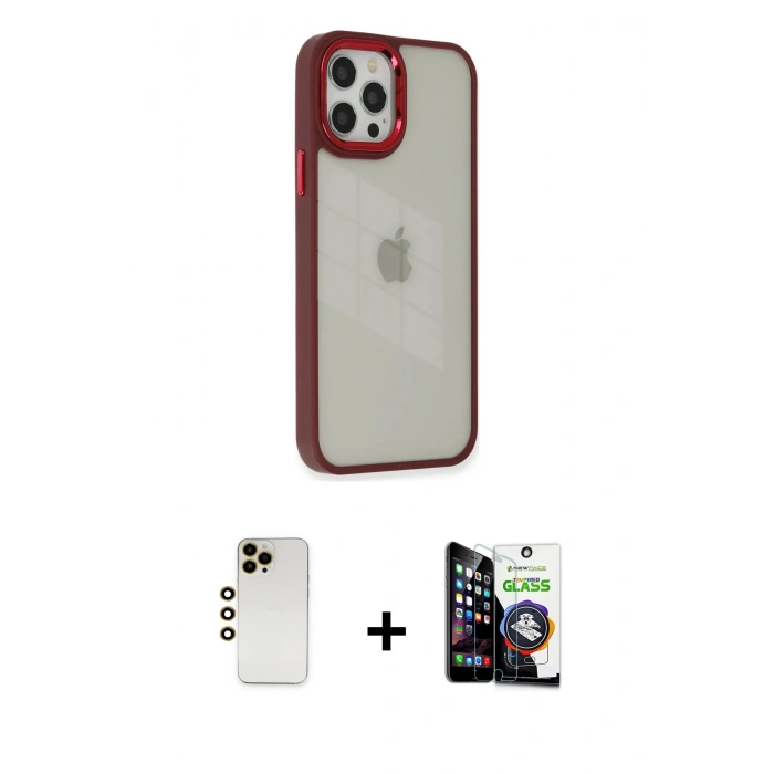 MARSİLYAN™- iPhone 12 Pro Max Kılıf Eksen Doku Prime - Şeffaf Temperli Cam Ekran Koruyucu + Shine Kamera Lens - GD