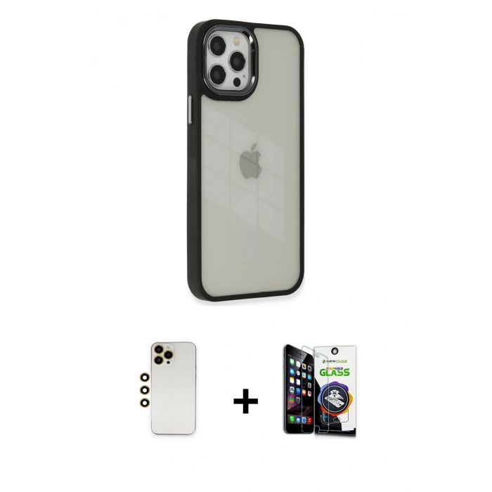 MARSİLYAN™- iPhone 12 Pro Max Kılıf Eksen Doku Prime - Şeffaf Temperli Cam Ekran Koruyucu + Shine Kamera Lens - GD