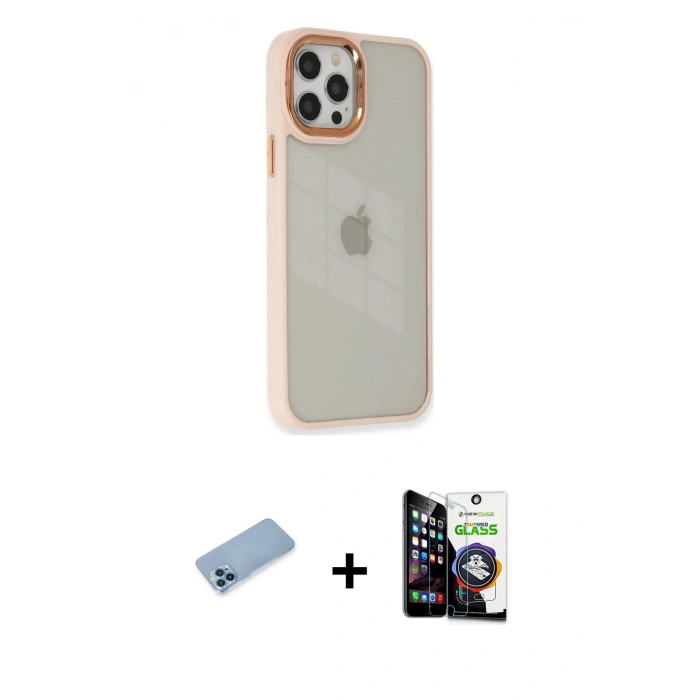 MARSİLYAN™- iPhone 12 Pro Max Kılıf Eksen Doku Prime - Şeffaf Temperli Cam Ekran Koruyucu + Shine Kamera Lens Koruma Cam - MI