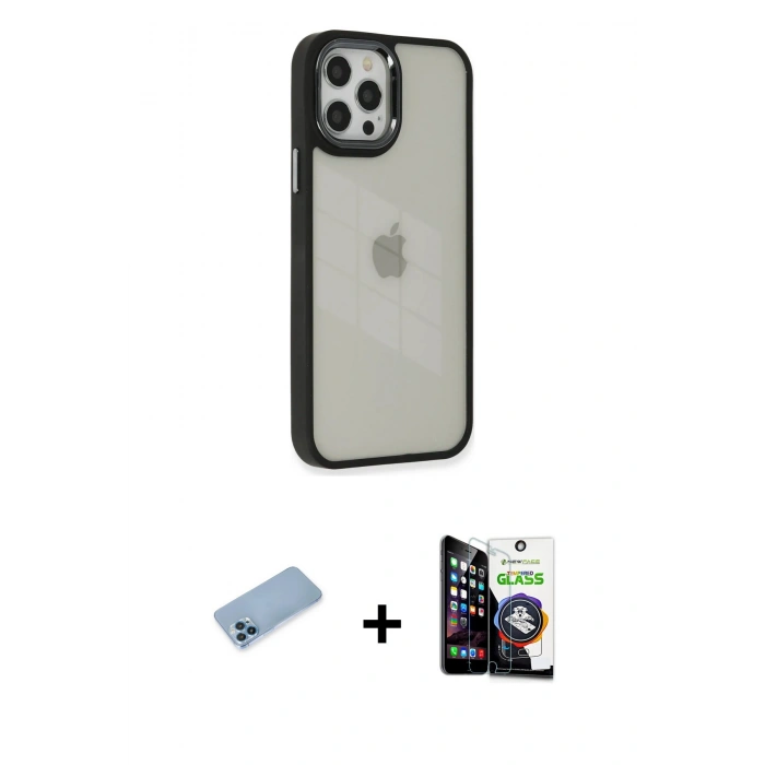 MARSİLYAN™- iPhone 12 Pro Max Kılıf Eksen Doku Prime - Şeffaf Temperli Cam Ekran Koruyucu + Shine Kamera Lens Koruma Cam - MI