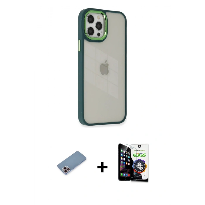 MARSİLYAN™- iPhone 12 Pro Max Kılıf Eksen Doku Prime - Şeffaf Temperli Cam Ekran Koruyucu + Shine Kamera Lens Koruma Cam - PE