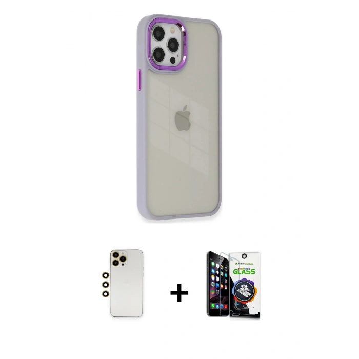 MARSİLYAN™- iPhone 12 Pro Max Kılıf Eksen Doku Prime - Şeffaf Temperli Cam Ekran Koruyucu + Shine Kamera Lens - GD