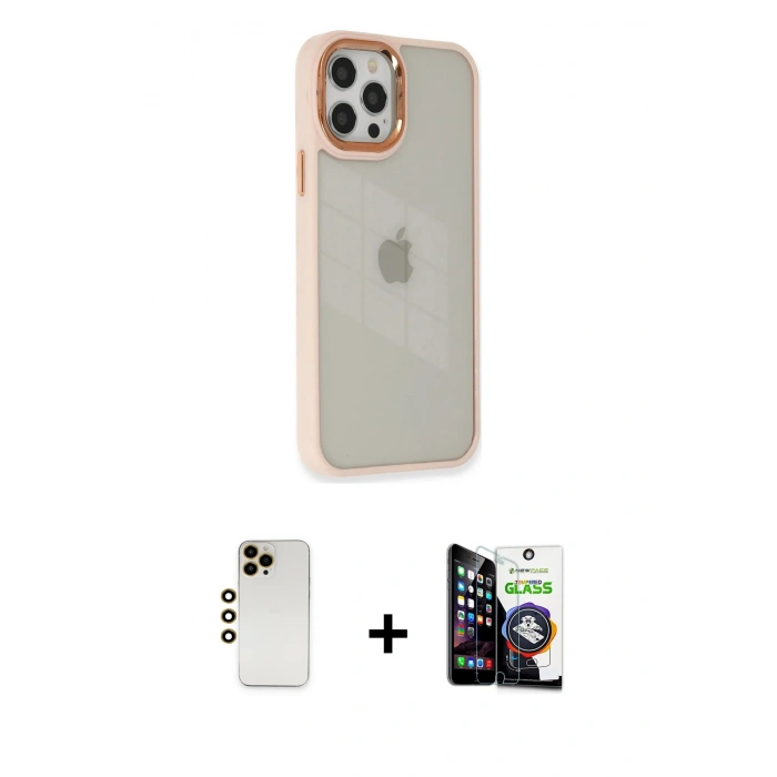 MARSİLYAN™- iPhone 12 Pro Max Kılıf Eksen Doku Prime - Şeffaf Temperli Cam Ekran Koruyucu + Shine Kamera Lens - GD