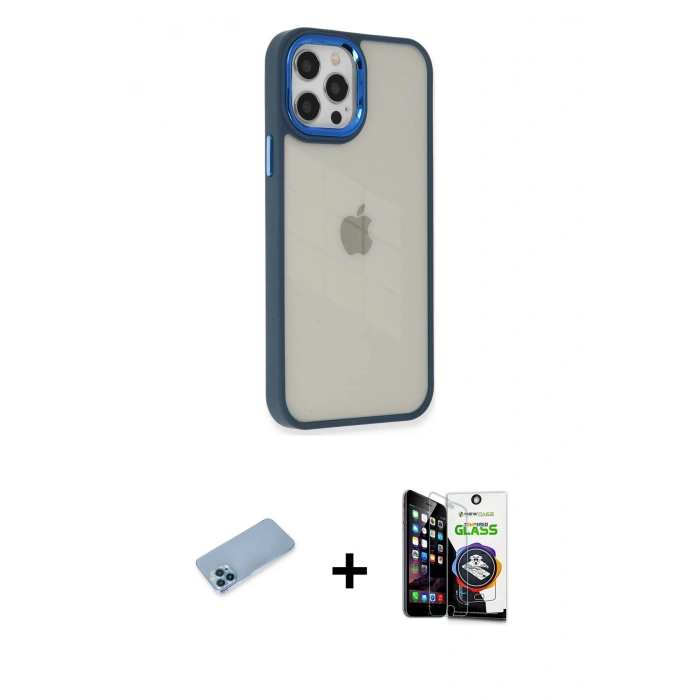 MARSİLYAN™- iPhone 12 Pro Max Kılıf Eksen Doku Prime - Şeffaf Temperli Cam Ekran Koruyucu + Shine Kamera Lens Koruma Cam - MI