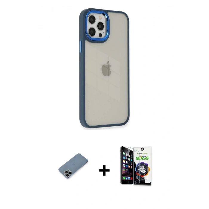 MARSİLYAN™- iPhone 12 Pro Max Kılıf Eksen Doku Prime - Şeffaf Temperli Cam Ekran Koruyucu + Siyah Shine Kamera Lens Koruma Cam