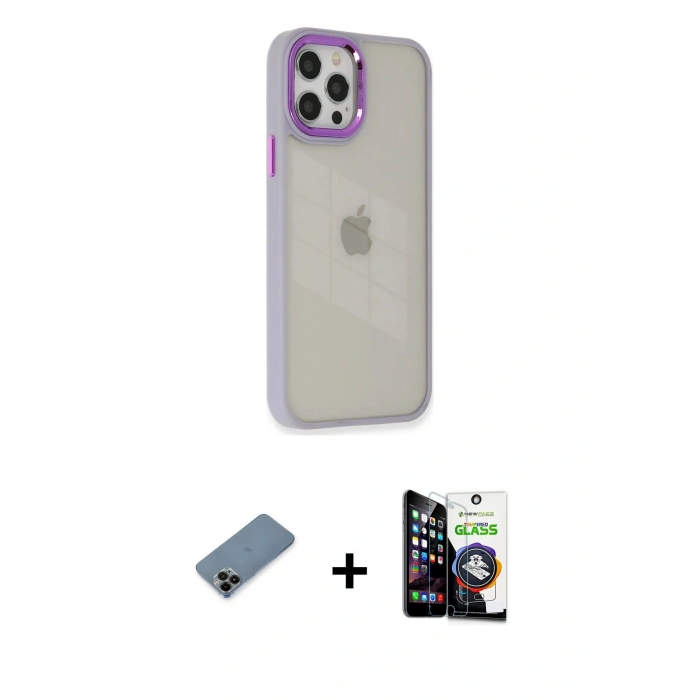 MARSİLYAN™- iPhone 12 Pro Max Kılıf Eksen Doku Prime - Şeffaf Temperli Cam Ekran Koruyucu + Siyah Shine Kamera Lens Koruma Cam