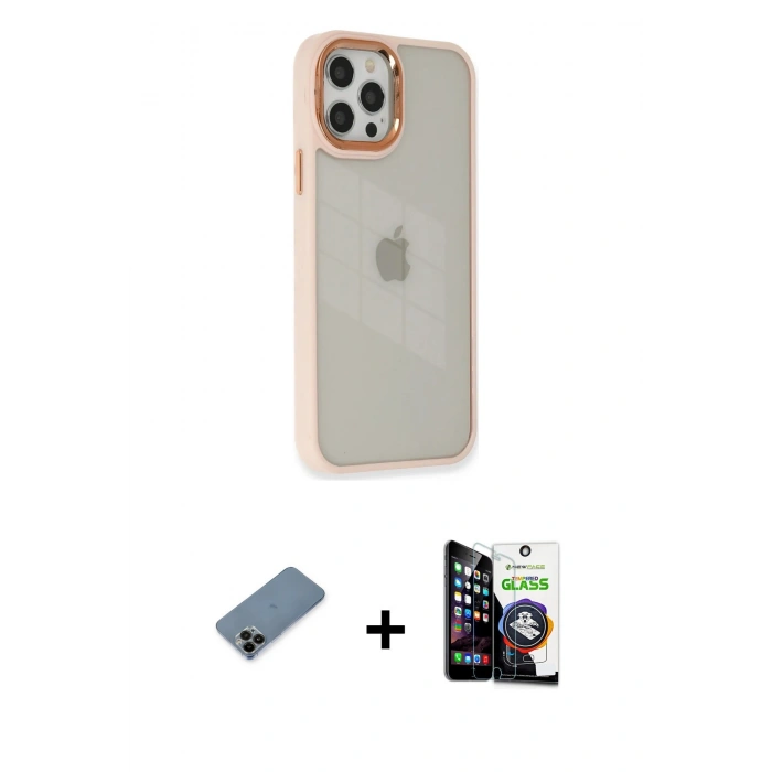 MARSİLYAN™- iPhone 12 Pro Max Kılıf Eksen Doku Prime - Şeffaf Temperli Cam Ekran Koruyucu + Siyah Shine Kamera Lens Koruma Cam