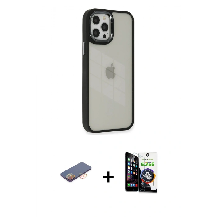MARSİLYAN™- iPhone 12 Pro Max Kılıf Eksen Doku Prime - Şeffaf Temperli Cam Ekran Koruyucu + Renkli Kamera Lens Koruma Cam - TU