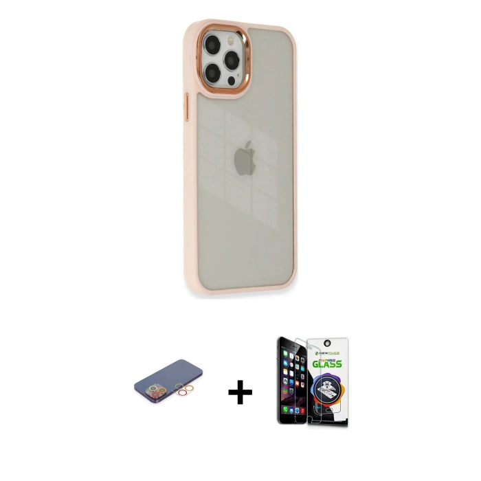MARSİLYAN™- iPhone 12 Pro Max Kılıf Eksen Doku Prime - Şeffaf Temperli Cam Ekran Koruyucu + Renkli Kamera Lens Koruma Cam - TU