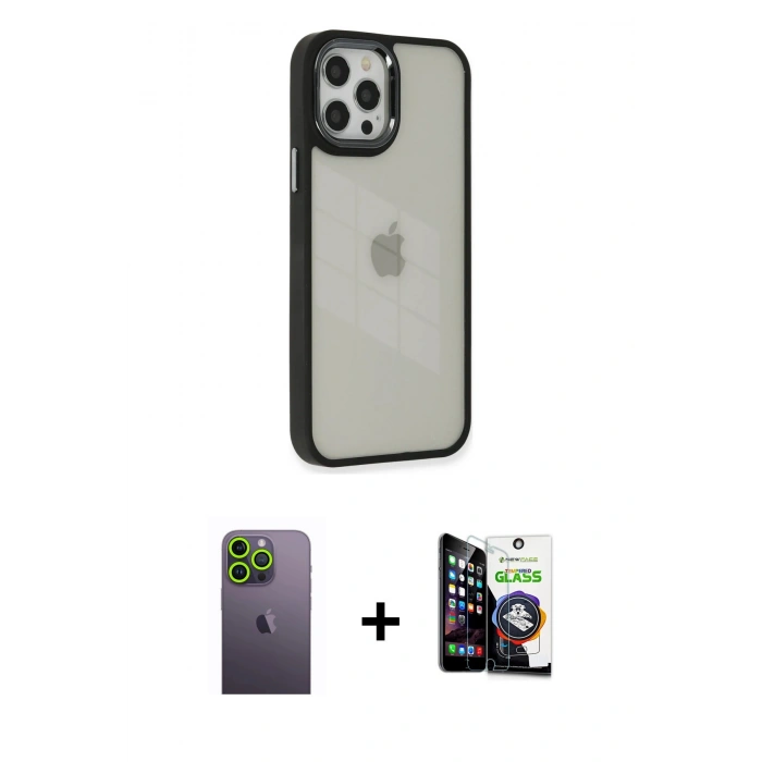 MARSİLYAN™- iPhone 12 Pro Max Kılıf Eksen Doku Prime - Şeffaf Temperli Cam Ekran Koruyucu + Neon Fosforlu Kamera Lens - YL