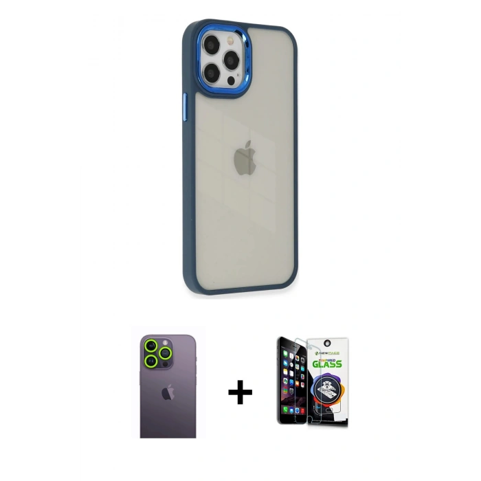 MARSİLYAN™- iPhone 12 Pro Max Kılıf Eksen Doku Prime - Şeffaf Temperli Cam Ekran Koruyucu + Neon Fosforlu Kamera Lens - YL