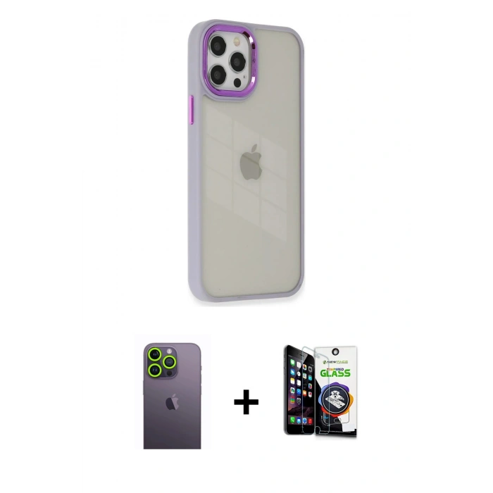 MARSİLYAN™- iPhone 12 Pro Max Kılıf Eksen Doku Prime - Şeffaf Temperli Cam Ekran Koruyucu + Neon Fosforlu Kamera Lens - YL