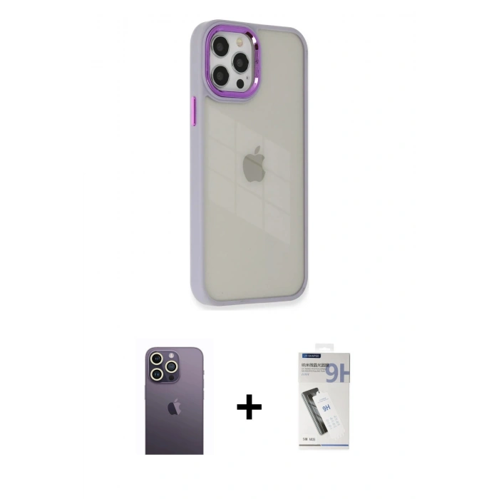MARSİLYAN™- iPhone 12 Pro Max Kılıf Eksen Doku Prime - Şeffaf Uv Polymer Nano Ekran Koruyucu + Beyaz Neon Fosforlu Kamera Lens