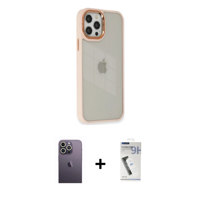 MARSİLYAN™- iPhone 12 Pro Max Kılıf Eksen Doku Prime - Şeffaf Uv Polymer Nano Ekran Koruyucu + Beyaz Neon Fosforlu Kamera Lens