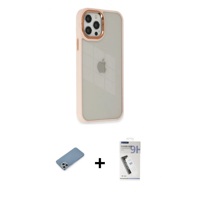 MARSİLYAN™- iPhone 12 Pro Max Kılıf Eksen Doku Prime - Şeffaf Uv Polymer Nano Ekran Koruyucu + Shine Kamera Lens Koruma Cam - GS