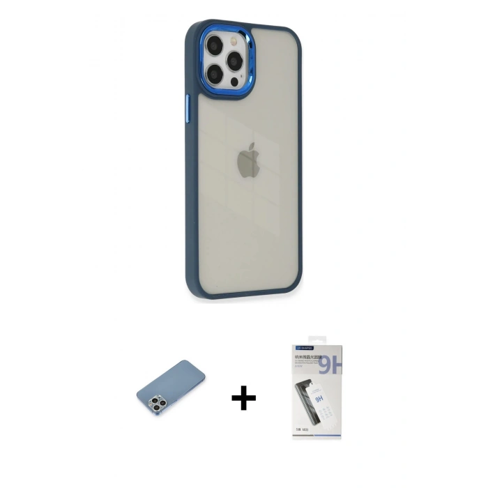 MARSİLYAN™- iPhone 12 Pro Max Kılıf Eksen Doku Prime - Şeffaf Uv Polymer Nano Ekran Koruyucu + Shine Kamera Lens Koruma Cam - GS