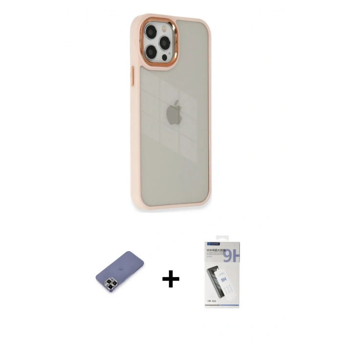 MARSİLYAN™- iPhone 12 Pro Max Kılıf Eksen Doku Prime - Şeffaf Uv Polymer Nano Ekran Koruyucu + Metal Kamera Lens Koruma Cam - GD