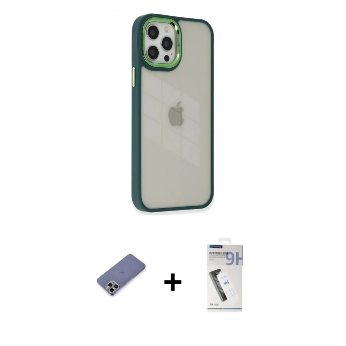 MARSİLYAN™- iPhone 12 Pro Max Kılıf Eksen Doku Prime - Şeffaf Uv Polymer Nano Ekran Koruyucu + Metal Kamera Lens Koruma Cam - GD