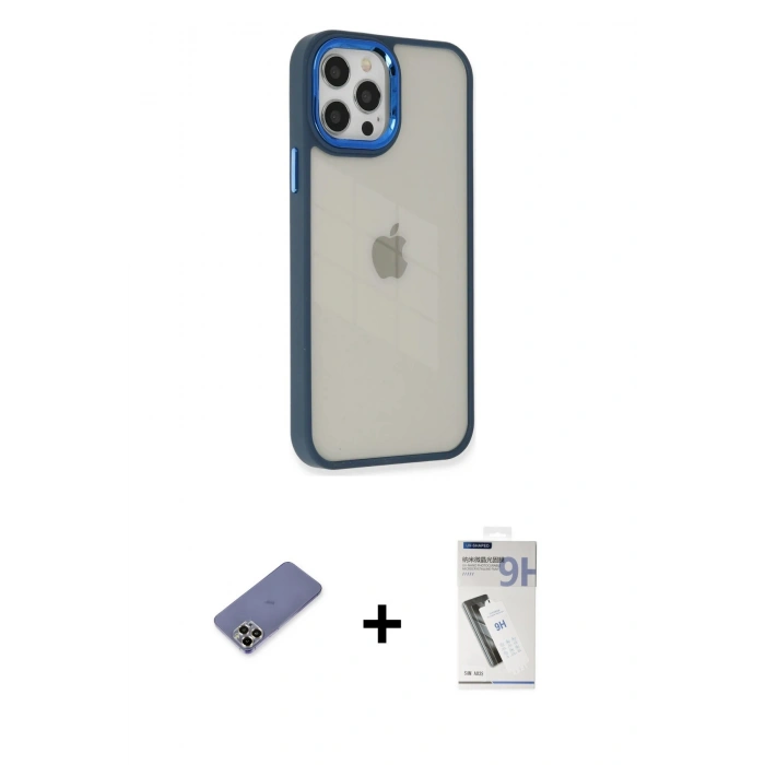 MARSİLYAN™- iPhone 12 Pro Max Kılıf Eksen Doku Prime - Şeffaf Uv Polymer Nano Ekran Koruyucu + Metal Kamera Lens Koruma Cam - GD