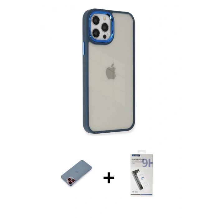 MARSİLYAN™- iPhone 12 Pro Max Kılıf Eksen Doku Prime - Şeffaf Uv Polymer Nano Ekran Koruyucu + Metal Kamera Lens Koruma Cam - KI