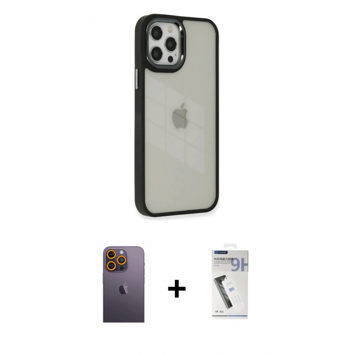 MARSİLYAN™- iPhone 12 Pro Max Kılıf Eksen Doku Prime - Şeffaf Uv Polymer Nano Ekran Koruyucu + Neon Fosforlu Kamera Lens - SI
