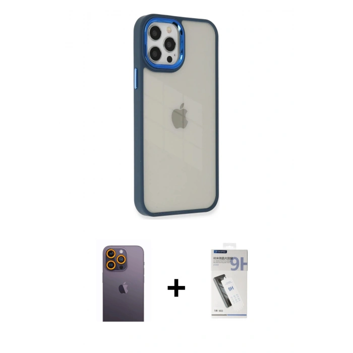 MARSİLYAN™- iPhone 12 Pro Max Kılıf Eksen Doku Prime - Şeffaf Uv Polymer Nano Ekran Koruyucu + Neon Fosforlu Kamera Lens - SI