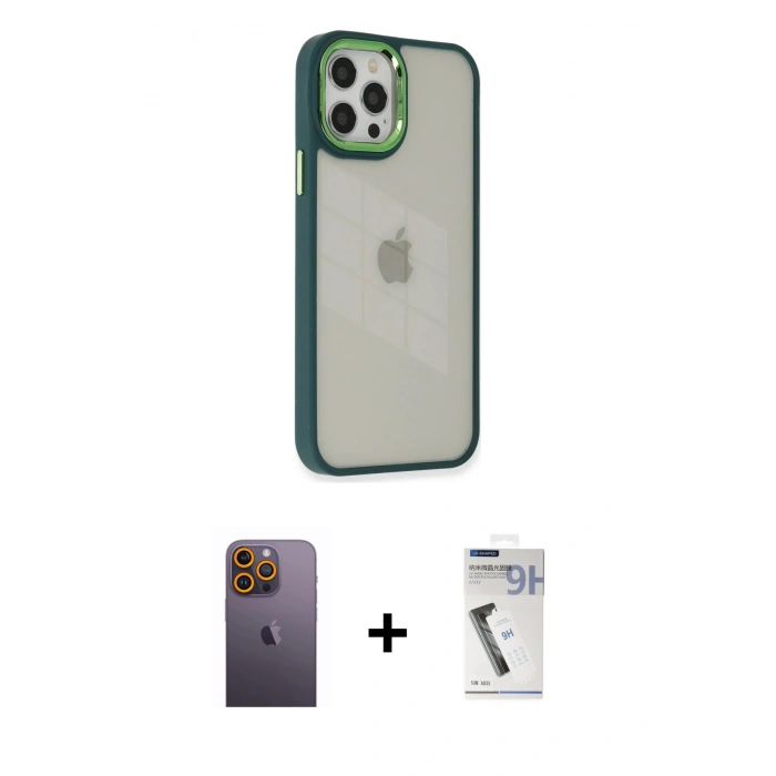 MARSİLYAN™- iPhone 12 Pro Max Kılıf Eksen Doku Prime - Şeffaf Uv Polymer Nano Ekran Koruyucu + Neon Fosforlu Kamera Lens - SI