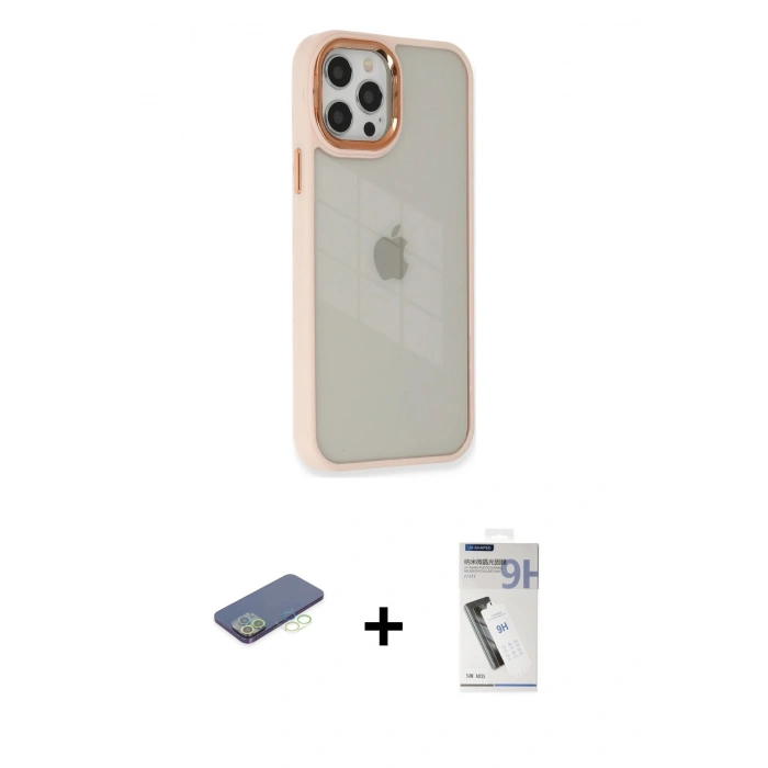 MARSİLYAN™- iPhone 12 Pro Max Kılıf Eksen Doku Prime - Şeffaf Uv Polymer Nano Ekran Koruyucu + Renkli Kamera Lens Koruma Cam - YL