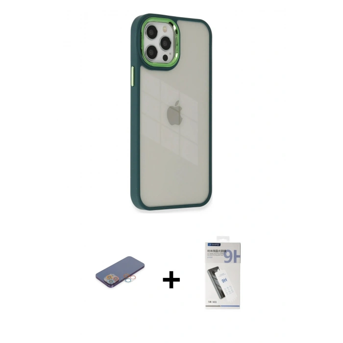 MARSİLYAN™- iPhone 12 Pro Max Kılıf Eksen Doku Prime - Şeffaf Uv Polymer Nano Ekran Koruyucu + Renkli Kamera Lens Koruma Cam - PE