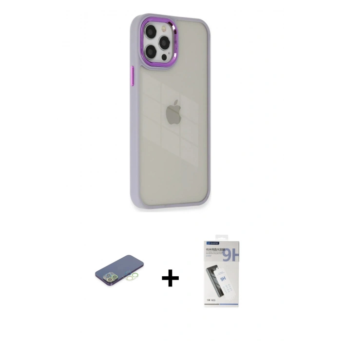 MARSİLYAN™- iPhone 12 Pro Max Kılıf Eksen Doku Prime - Şeffaf Uv Polymer Nano Ekran Koruyucu + Renkli Kamera Lens Koruma Cam - YL