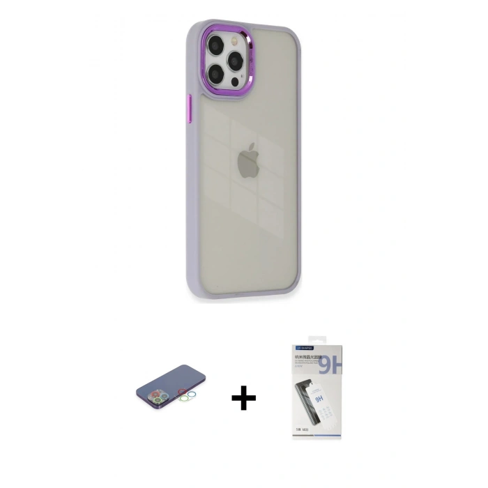 MARSİLYAN™- iPhone 12 Pro Max Kılıf Eksen Doku Prime - Şeffaf Uv Polymer Nano Ekran Koruyucu + Renkli Kamera Lens Koruma Cam - MI