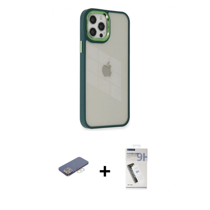 MARSİLYAN™- iPhone 12 Pro Max Kılıf Eksen Doku Prime - Şeffaf Uv Polymer Nano Ekran Koruyucu + Renkli Kamera Lens Koruma Cam - MI