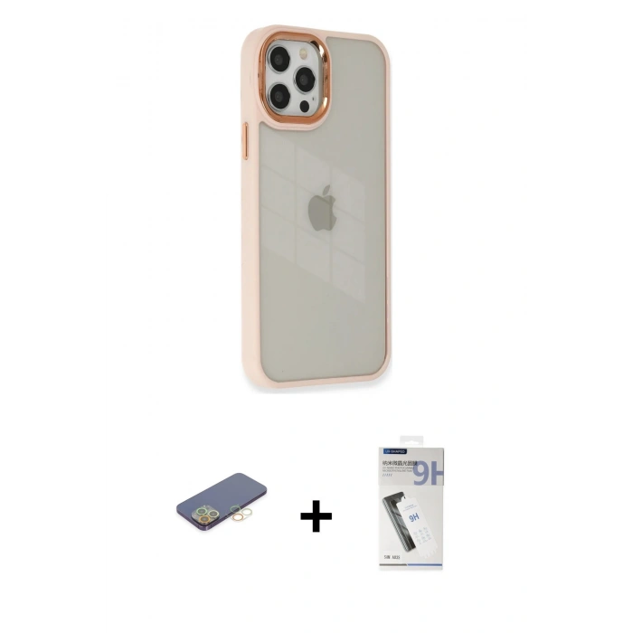 MARSİLYAN™- iPhone 12 Pro Max Kılıf Eksen Doku Prime - Şeffaf Uv Polymer Nano Ekran Koruyucu + Renkli Kamera Lens Koruma Cam - SI