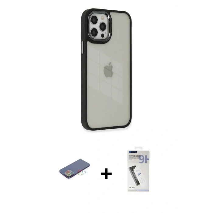 MARSİLYAN™- iPhone 12 Pro Max Kılıf Eksen Doku Prime - Şeffaf Uv Polymer Nano Ekran Koruyucu + Renkli Kamera Lens Koruma Cam - MI