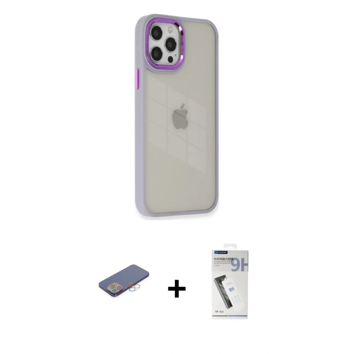MARSİLYAN™- iPhone 12 Pro Max Kılıf Eksen Doku Prime - Şeffaf Uv Polymer Nano Ekran Koruyucu + Renkli Kamera Lens Koruma Cam - PE