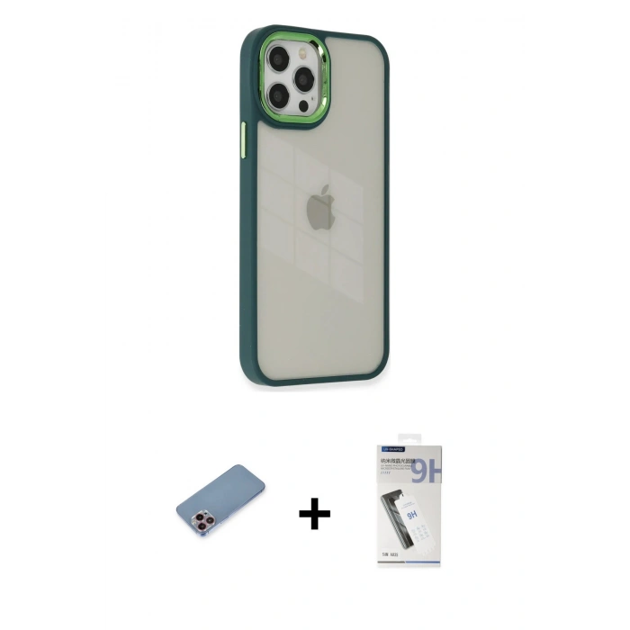 MARSİLYAN™- iPhone 12 Pro Max Kılıf Eksen Doku Prime - Şeffaf Uv Polymer Nano Ekran Koruyucu + Shine Kamera Lens Koruma Cam - PE