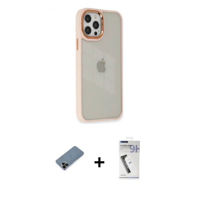 MARSİLYAN™- iPhone 12 Pro Max Kılıf Eksen Doku Prime - Şeffaf Uv Polymer Nano Ekran Koruyucu + Shine Kamera Lens Koruma Cam - SH
