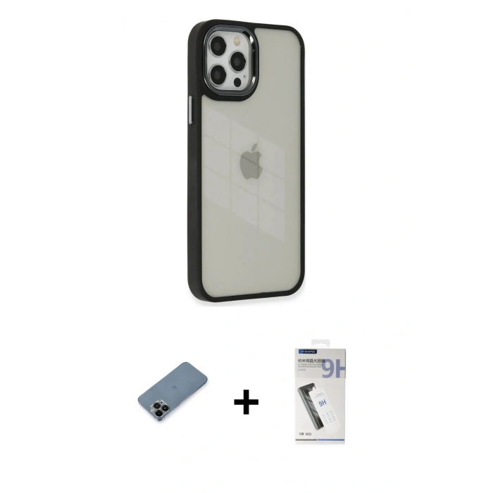 MARSİLYAN™- iPhone 12 Pro Max Kılıf Eksen Doku Prime - Şeffaf Uv Polymer Nano Ekran Koruyucu + Shine Kamera Lens Koruma Cam - SH