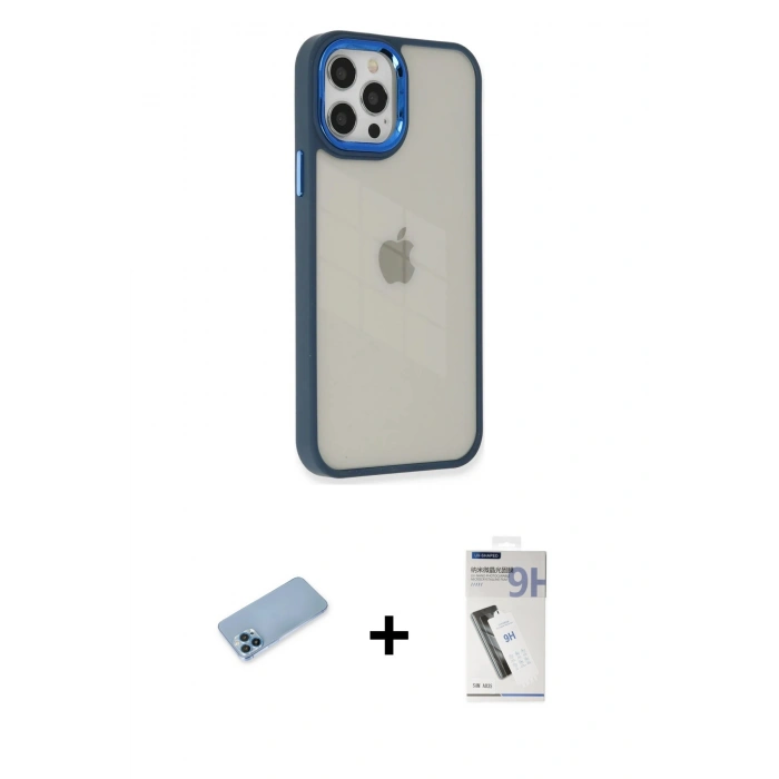 MARSİLYAN™- iPhone 12 Pro Max Kılıf Eksen Doku Prime - Şeffaf Uv Polymer Nano Ekran Koruyucu + Shine Kamera Lens Koruma Cam - MI