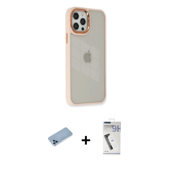 MARSİLYAN™- iPhone 12 Pro Max Kılıf Eksen Doku Prime - Şeffaf Uv Polymer Nano Ekran Koruyucu + Shine Kamera Lens Koruma Cam - MI