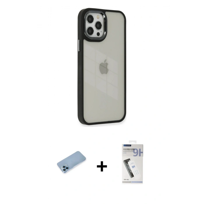 MARSİLYAN™- iPhone 12 Pro Max Kılıf Eksen Doku Prime - Şeffaf Uv Polymer Nano Ekran Koruyucu + Shine Kamera Lens Koruma Cam - MI