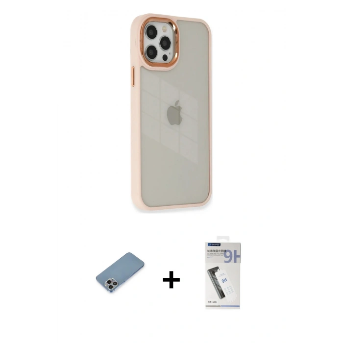MARSİLYAN™- iPhone 12 Pro Max Kılıf Eksen Doku Prime - Şeffaf Uv Polymer Nano Ekran Koruyucu + Shine Kamera Lens Koruma Cam - GI