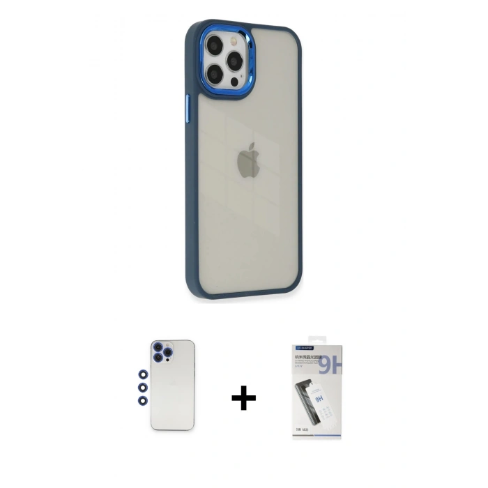 MARSİLYAN™- iPhone 12 Pro Max Kılıf Eksen Doku Prime - Şeffaf Uv Polymer Nano Ekran Koruyucu + Shine Kamera Lens - LT
