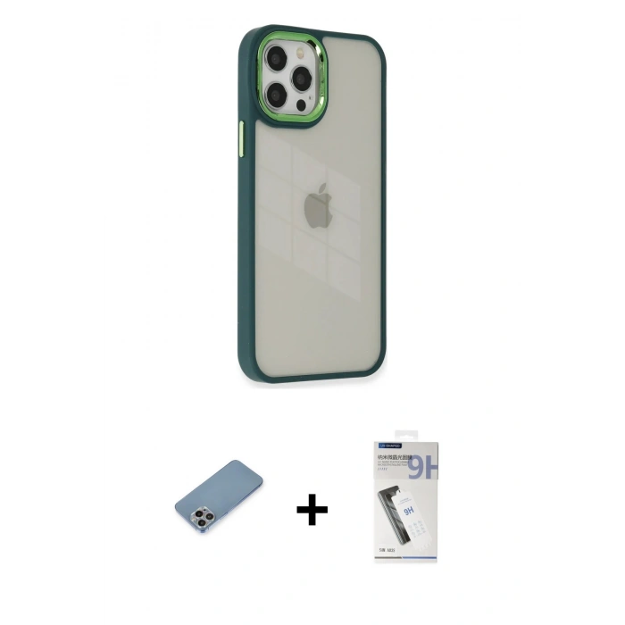 MARSİLYAN™- iPhone 12 Pro Max Kılıf Eksen Doku Prime - Şeffaf Uv Polymer Nano Ekran Koruyucu + Shine Kamera Lens Koruma Cam - GI