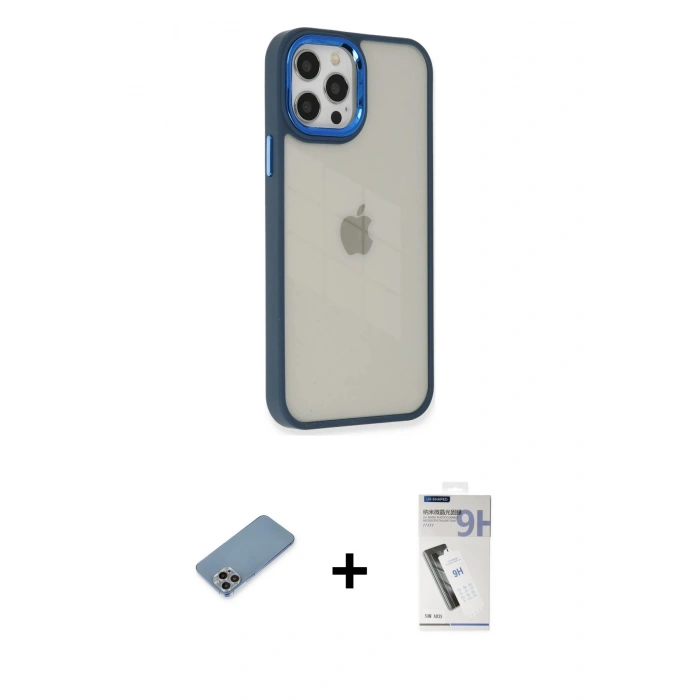 MARSİLYAN™- iPhone 12 Pro Max Kılıf Eksen Doku Prime - Şeffaf Uv Polymer Nano Ekran Koruyucu + Shine Kamera Lens Koruma Cam - GI