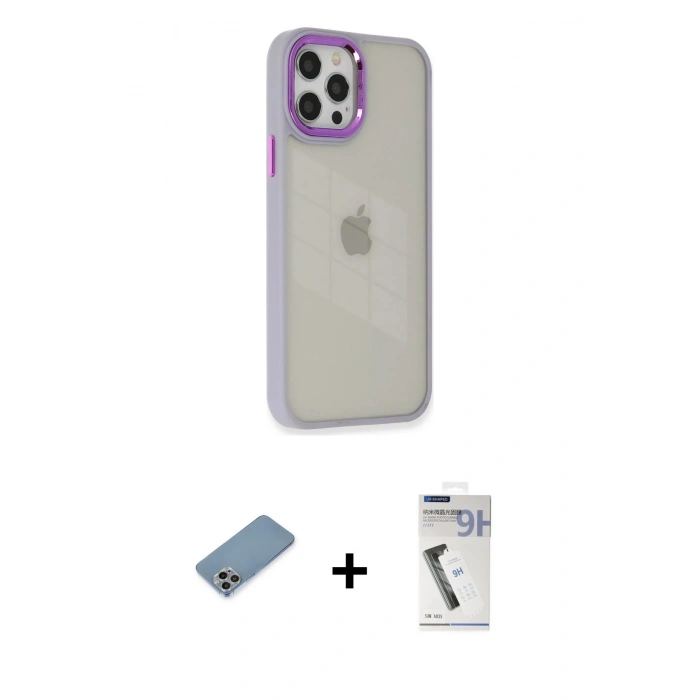 MARSİLYAN™- iPhone 12 Pro Max Kılıf Eksen Doku Prime - Şeffaf Uv Polymer Nano Ekran Koruyucu + Shine Kamera Lens Koruma Cam - GI